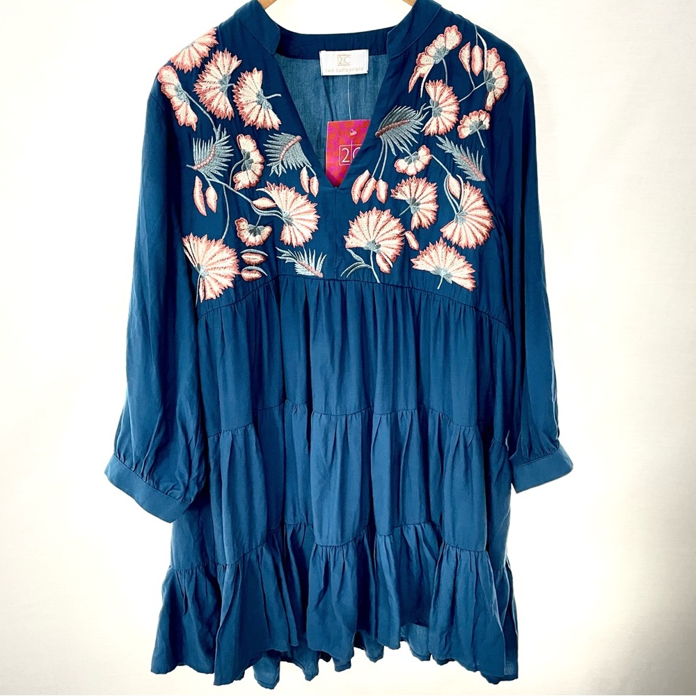 Two Cumberland Floral Embroidered V-Neck Babydoll Tiered Flowy Mini Medium